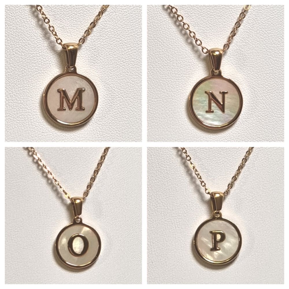 SHELL INITIAL PENDANT NECKLACE stainless steel gold plated M N O or P